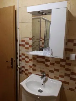 a bathroom with a sink and a mirror at Apartman CENTAR 1 in Banja Luka