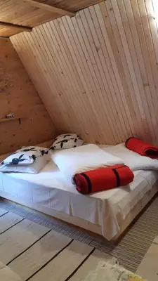a bed in a room with a wooden ceiling at Ismar&Hanna in Vlasic