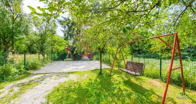 a swing hanging from a tree in a park at Pyramid Energy House in Visoko