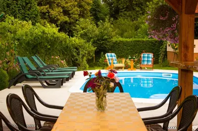 a vase of flowers on a table next to a pool at Villa Katarina with pool in Banja Luka
