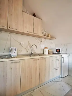a kitchen with wooden cabinets and a sink and a refrigerator at Apartman Ananas Banja Luka centar bolnica besplatan parking in Banja Luka