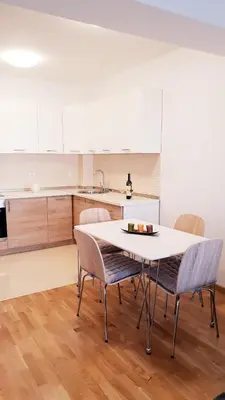 a kitchen with a table and chairs in a room at Apartman Lukana in Banja Luka