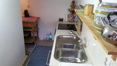 a kitchen with a stainless steel sink and a counter at Vikendica Armin in Vlasic