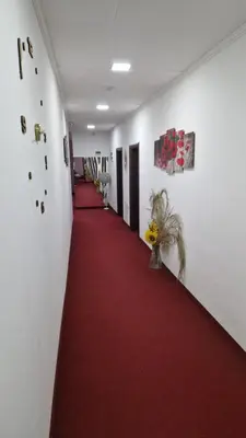 a hallway with a red carpet and a red floor at Motel Dreams in Novi Travnik