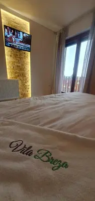 a bedroom with a bed with a tv on the wall at Vila Breza in Laktaši