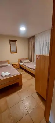 a room with two beds and a mirror in it at Green House Izvor Vrilo in Tomislavgrad