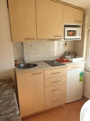a small kitchen with a sink and a microwave at Park apartment in Banja Luka