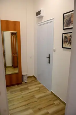 a hallway with a white door and a mirror at Apartman MAŠA in Banja Luka