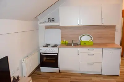 a small kitchen with a stove and a sink at Apartman MAŠA in Banja Luka
