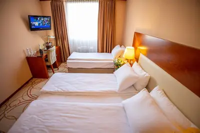 a hotel room with two beds and a window at Grand Hotel Tuzla in Tuzla