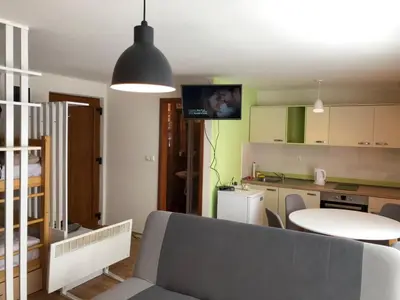 a living room with a couch and a table and a tv at Apartments Vlašić in Vlasic