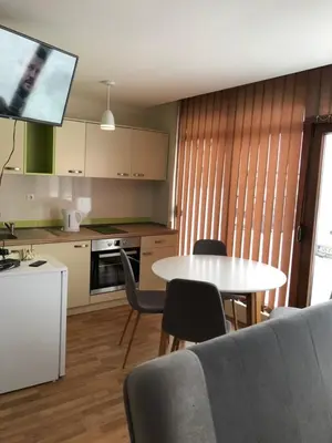 a kitchen with a table and chairs and a tv at Apartments Vlašić in Vlasic