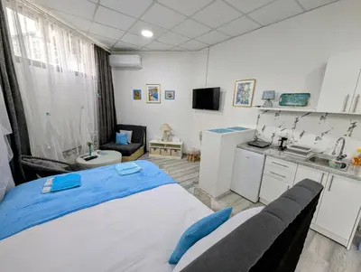 a bedroom with a large bed and a kitchen at Vila San in Banja Luka