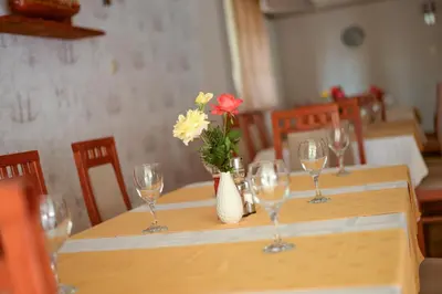 a table with wine glasses and a vase of flowers at Hotel Fontana in Zenica