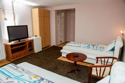 a room with two beds and a flat screen tv at Hotel Fontana in Zenica