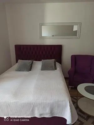 a bed with a purple headboard and a purple chair at Vlašićka idila apartman Eko Fis 507 in Vlasic