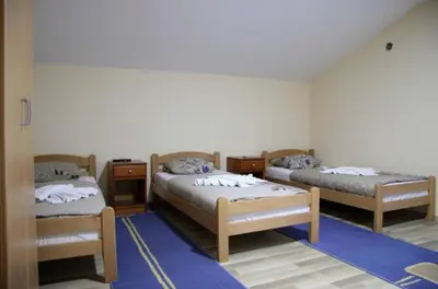 a room with two beds and a blue rug at Apartmani Kadunić in Bugojno