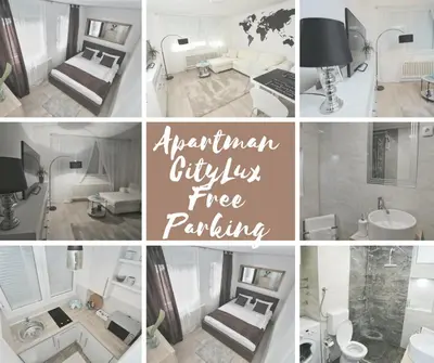a collage of photos of a living room and a kitchen at Apartman City Lux in Banja Luka