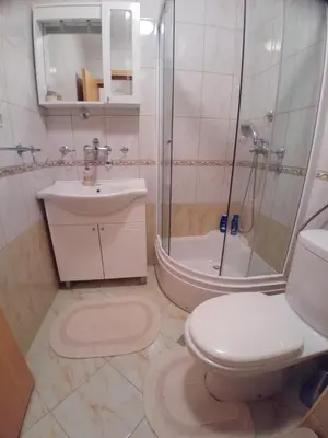 a bathroom with a toilet and a shower and a sink at Apartment Panorama 1 in Vlasic