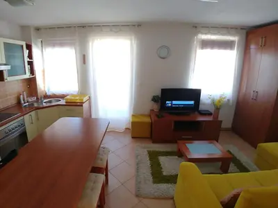 a kitchen and living room with a couch and a tv at Apartment Panorama 1 in Vlasic