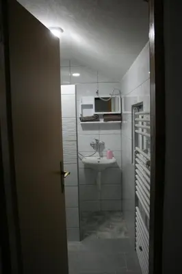 a bathroom with a sink and a toilet and a microwave at Apartmani 