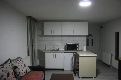 a small kitchen with a counter and a microwave at Apartmani 