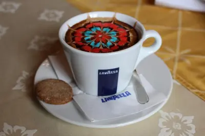a cup of coffee on a plate with a cookie at Motel Alas in Banja Luka