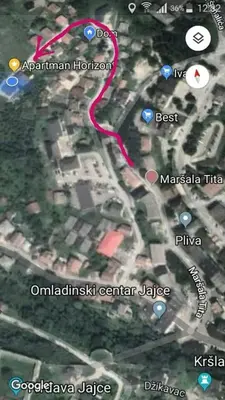 a map of a road with a red line at Horizont apartmans in Jajce