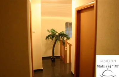 a hallway with a palm tree in a room at Restoran sa sobama za iznajmljivanje MALI RAJ in Mrkonjić Grad