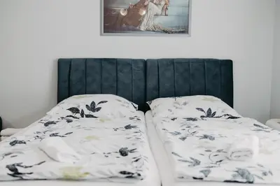 a bed with a black headboard and two pillows at Prenoćište Park in Modriča
