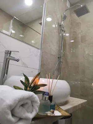 a bathroom with a shower and a sink at Villa Diamond in Bihać