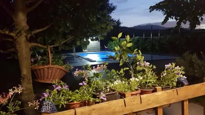 a row of potted plants on a wooden fence at Holiday Home Edi in Bihać