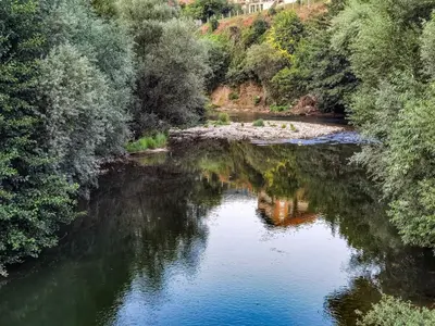 an aerial view of a river with trees and water at Lodge Zbilje Visoko, Bosnian Pyramids in Visoko