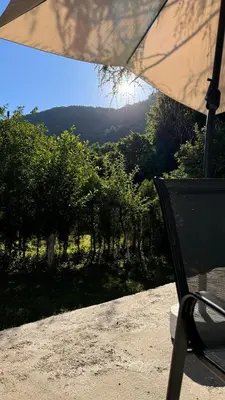 a bench with an umbrella in front of a field at Lodge Zbilje Visoko, Bosnian Pyramids in Visoko