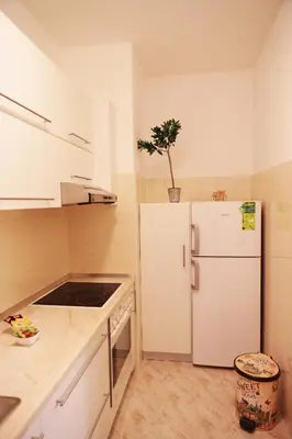 a kitchen with a white refrigerator and a plant on the counter at Apartment Dajak Centar in Banja Luka