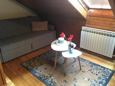 a living room with a table with flowers on it at Villa Irena in Visoko