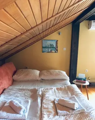 a bedroom with a large bed with a wooden ceiling at Villa Irena in Visoko