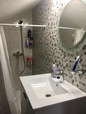 a bathroom with a sink and a shower and a mirror at Villa Irena in Visoko