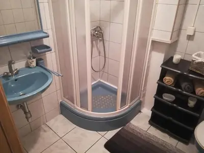 a small bathroom with a shower and a sink at Apartman Lidija in Livno