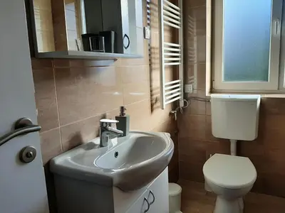 a bathroom with a sink and a toilet and a mirror at Magnolija in Banja Luka