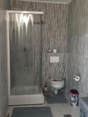 a bathroom with a shower and a toilet at River Bank Apartments & Castle view in Bihać