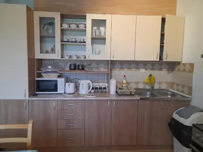 a kitchen with wooden cabinets and a sink and a microwave at River Bank Apartments & Castle view in Bihać