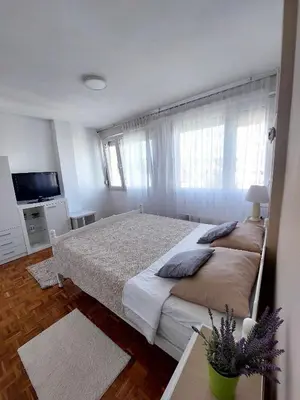 a bedroom with a large bed and a television at Apartman Maja in Banja Luka