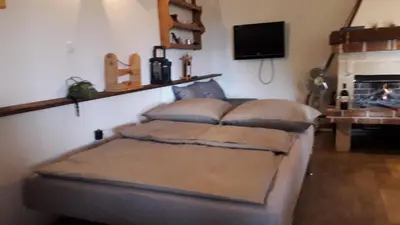 a living room with a bed and a fireplace at Weekend House Petar in Lusnić