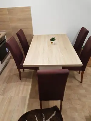 a wooden table with chairs and a potted plant on it at Apartment Centar LUX in Banja Luka