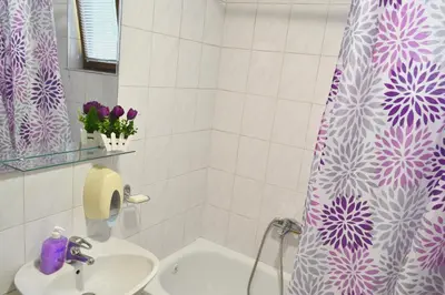 a bathroom with a sink and a shower curtain at Riverside apartment #1. View over Fortress Kastel in Banja Luka