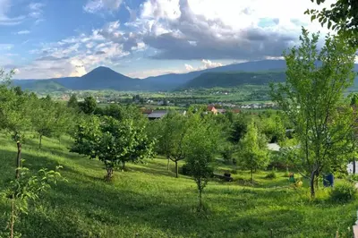 a green field with trees and mountains in the background at Nektar Park Villa Sara in Bihać