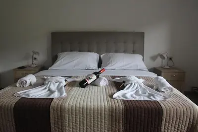 a bed with towels and a bottle of wine on it at Apartmani Ramonda in Teslić