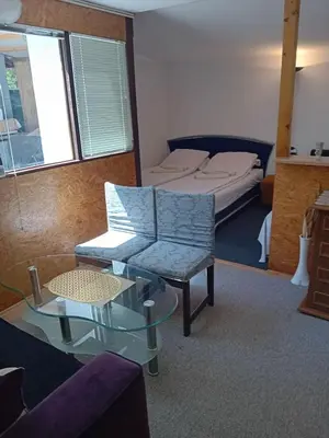 a living room with a bed and a glass table at Ravne Apartman in Visoko
