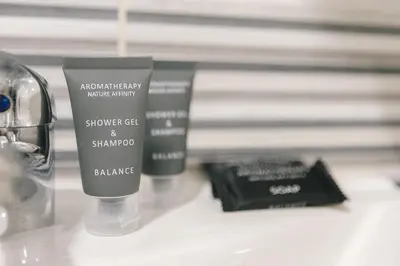 a close up of two products on a counter at Hotel Slavija Banja Luka in Banja Luka